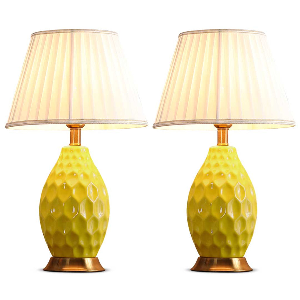 NNEAGS – Zestaw 2 Teksturowanych Owalnych Lamp Ceramicznych z Złotą Metalową Podstawą – Yellow