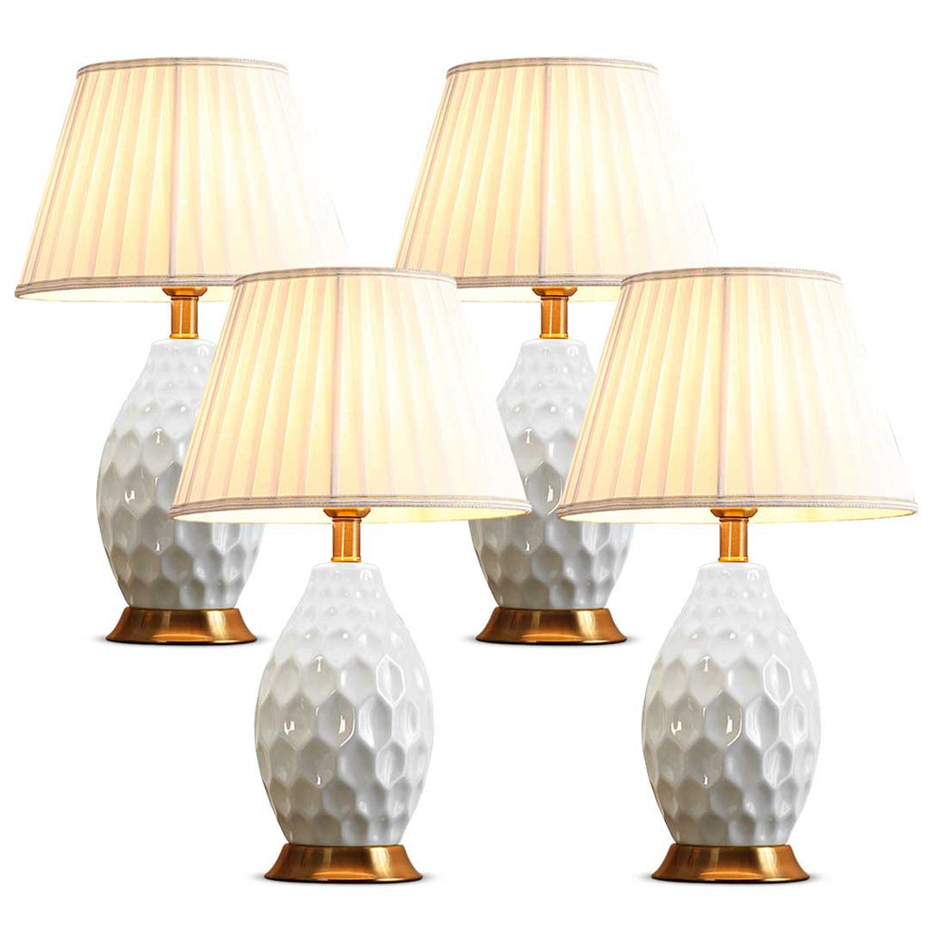 NNEAGS 4× Biała Teksturowana Ceramiczna Lampa Stołowa z Złotą Podstawą – Zestaw 4
