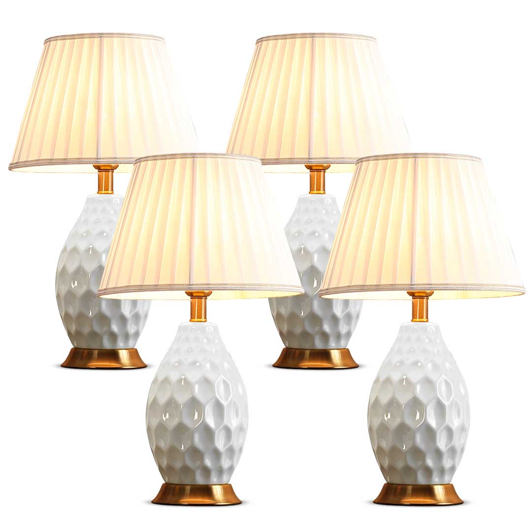 NNEAGS 4× Biała Teksturowana Ceramiczna Lampa Stołowa z Złotą Podstawą – Zestaw 4