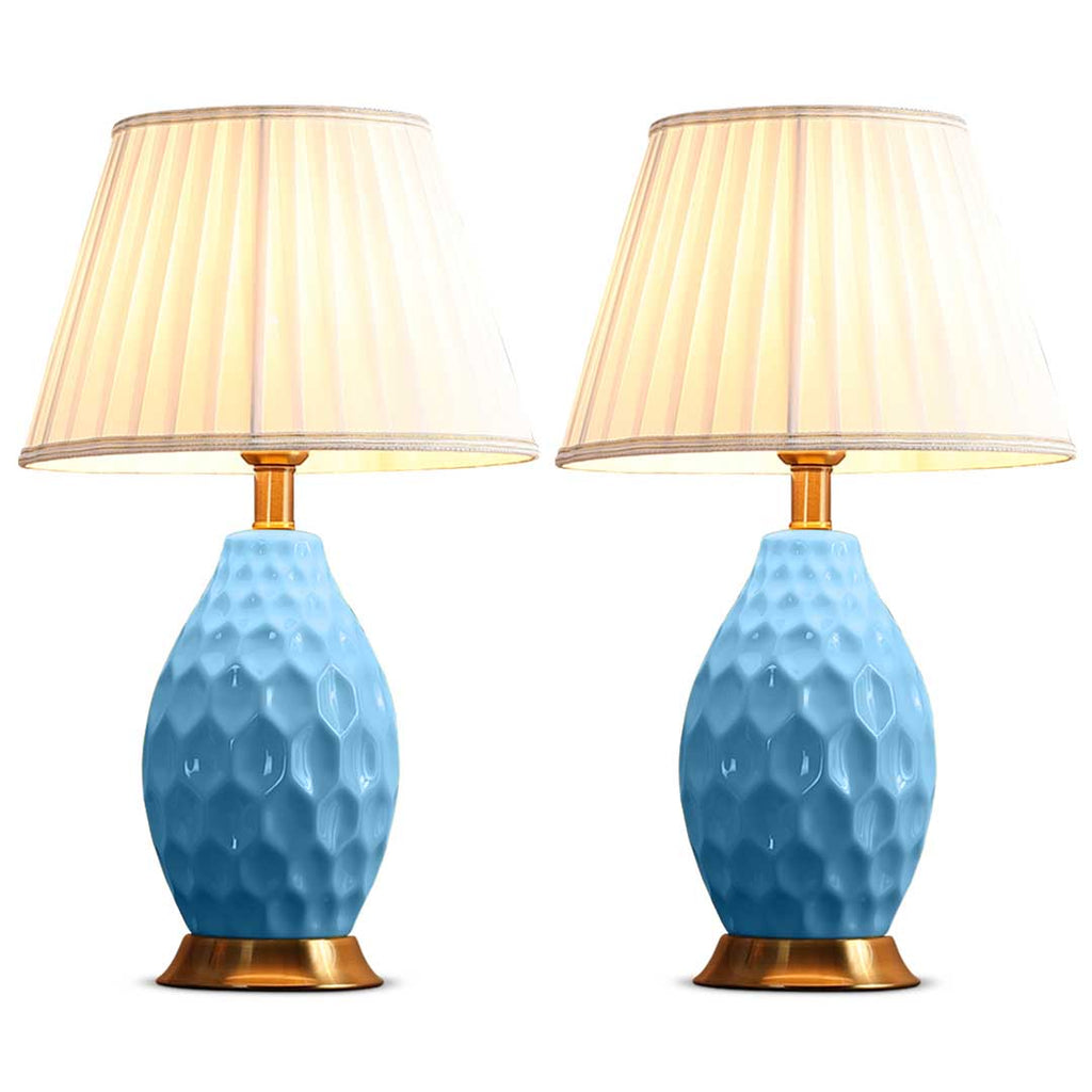 NNEAGS – Zestaw 2 Teksturowanych Owalnych Lamp Ceramicznych z Złotą Podstawą – Blue