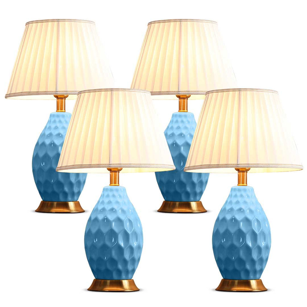 NNEAGS 4× Teksturowana Lampa Stołowa Ceramiczna z Owalną Podstawą i Złotym Wykończeniem – Niebieska (Zestaw 4)