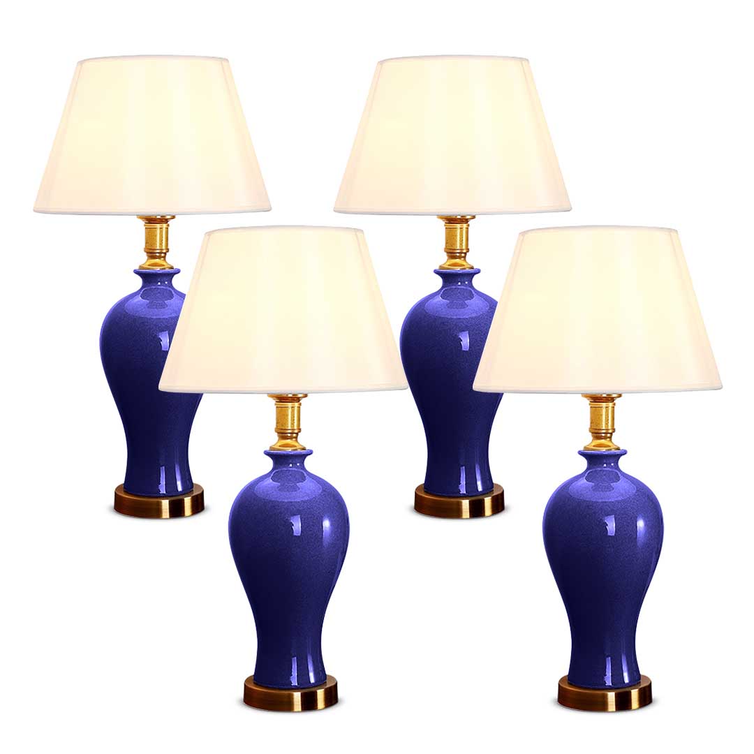 NNEAGS 4× Niebieska Ceramiczna Lampa Stołowa z Owalną Podstawą i Złotym Wykończeniem – Zestaw 4