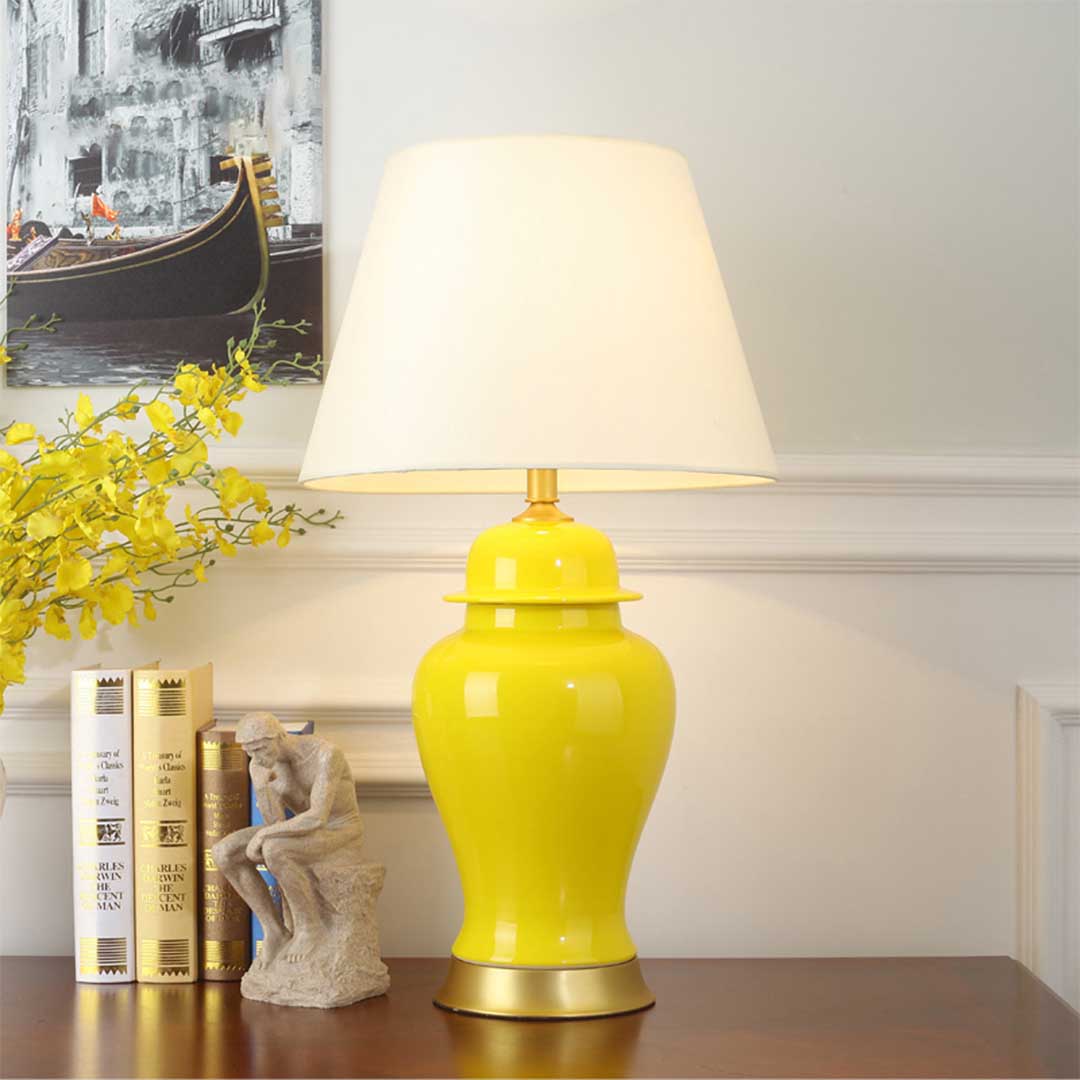 NNEAGS 4× Owalna Ceramiczna Lampa Stołowa z Złotą Podstawą – Żółta (Zestaw 4)