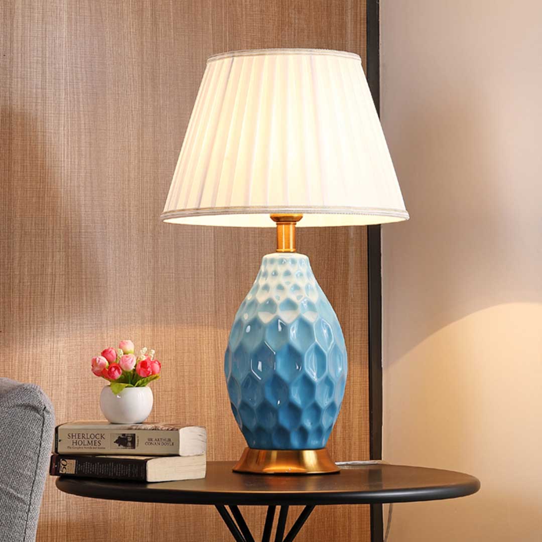 NNEAGS – Zestaw 2 Teksturowanych Owalnych Lamp Ceramicznych z Złotą Podstawą – Blue
