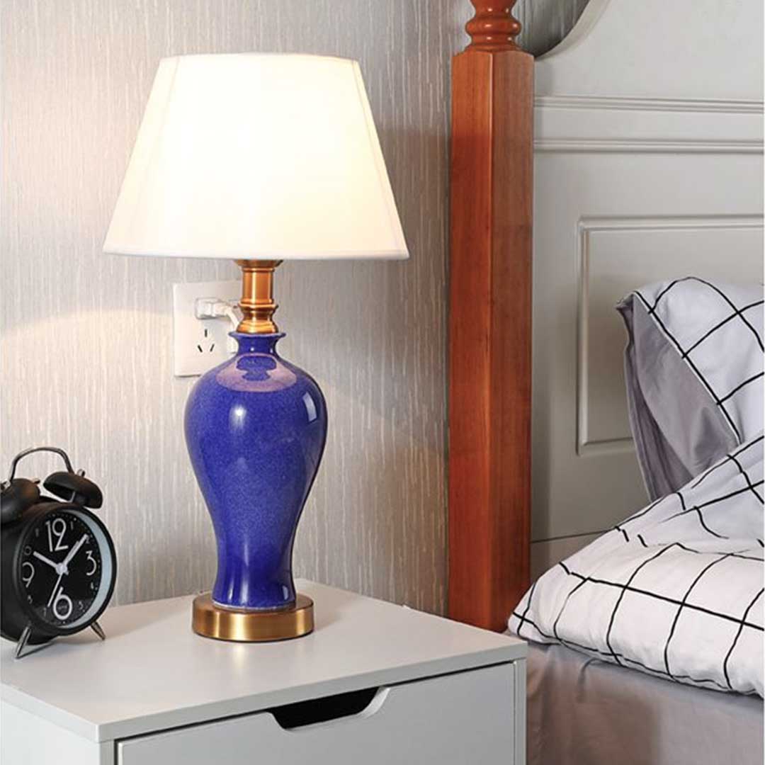 NNEAGS 2x Blue Ceramic Oval Table Lamp with Gold Metal Base