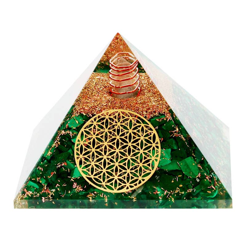 Orgonit-Malachit-Pyramide „Blume des Lebens“ 7,5 cm