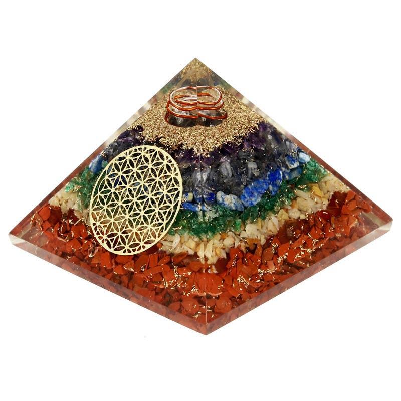 Orgonit-Pyramide mit 7 Chakren, Blume des Lebens, 7,5 cm