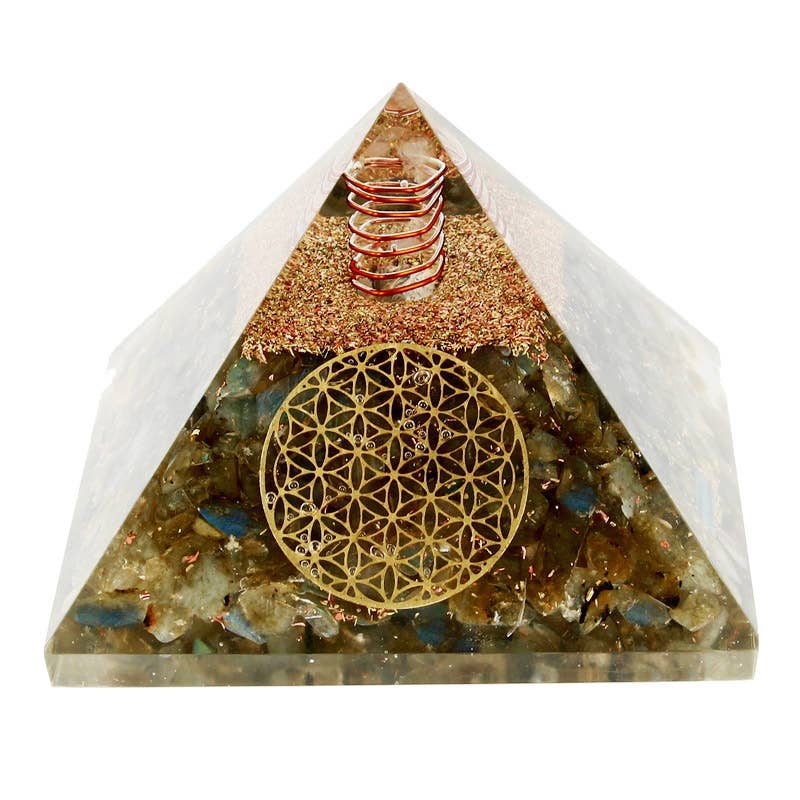 Labradorit-Orgonit-Pyramide „Blume des Lebens“ 7,5 cm