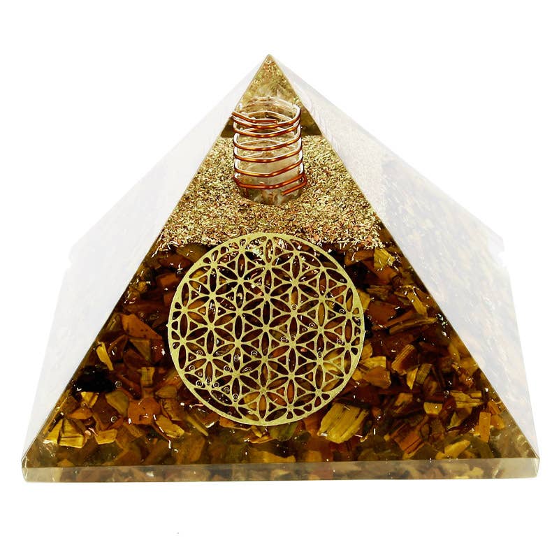 Orgonit-Pyramide „Blume des Lebens“, Tigerauge, 7,5 cm