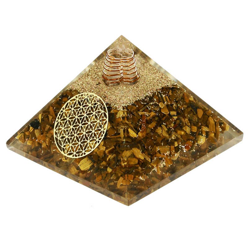 Orgonit-Pyramide „Blume des Lebens“, Tigerauge, 7,5 cm