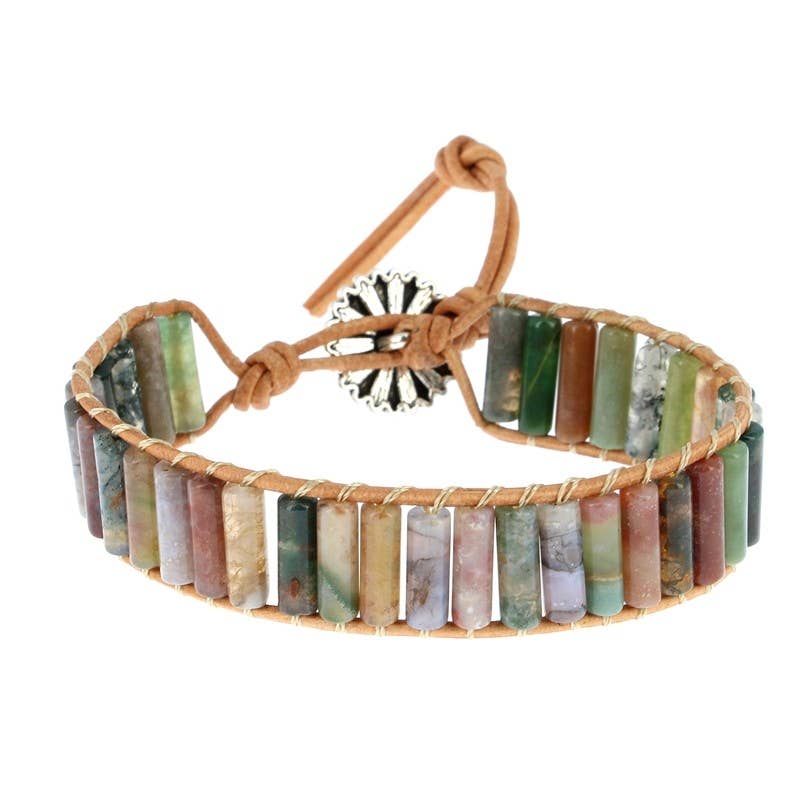 4 x 13 mm großes Armband aus indischem Achat mit kleinen Röhrchen und Leder