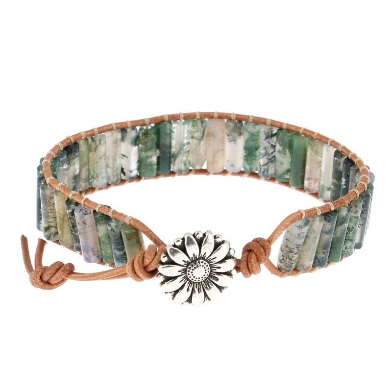 Achatmoss, 4 x 13 mm, kleine Röhrchen und Lederarmband