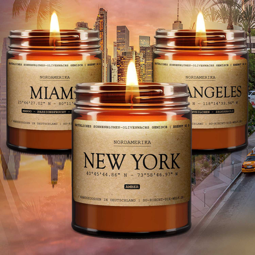 Zestaw USA – 3 Świeczki Zapachowe: New York | Los Angeles | Miami USA – zestaw świec o łącznym czasie palenia 180 godzin