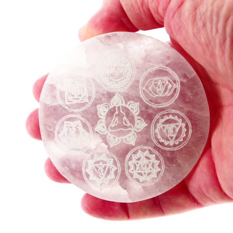 Selenit-Kreis EXTRA Buddha und 7 Chakren Ø 8 cm Dicke 1,3 cm